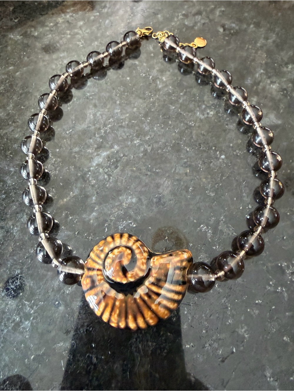 Smoky Brown Bead Necklace Spiral Shell Accent